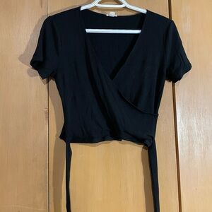 2/$30 Black Ribbed Wrap Crop Top